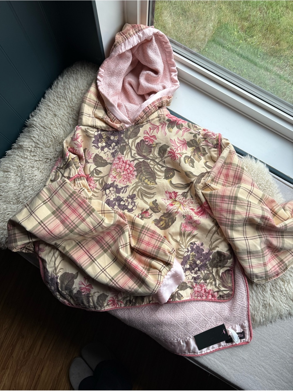 Size L/XL | Oversized Pink Floral & Plaid Hooded Pullover | Handmade